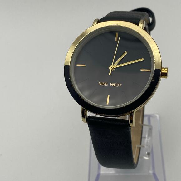 Elegant Nine West Women\'s Watch with Black Strap & Two-Tone Bezel New Battery